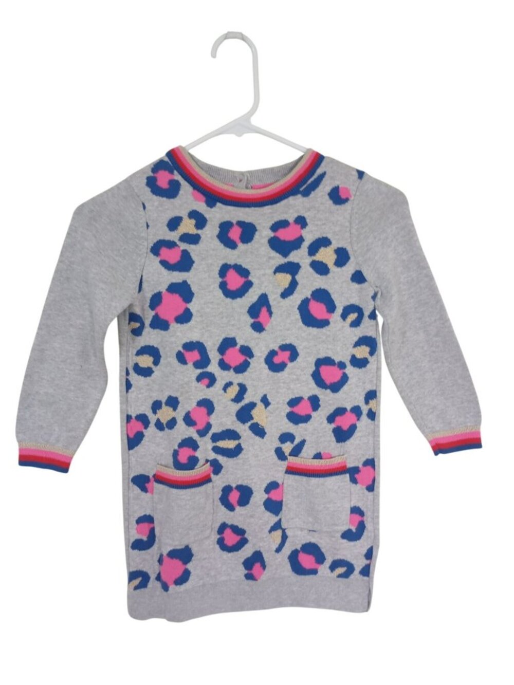 Mini Boden Girls Leopard Print Knit Sweater Dress Grey Long Sleeve Sz 5-6 Years
